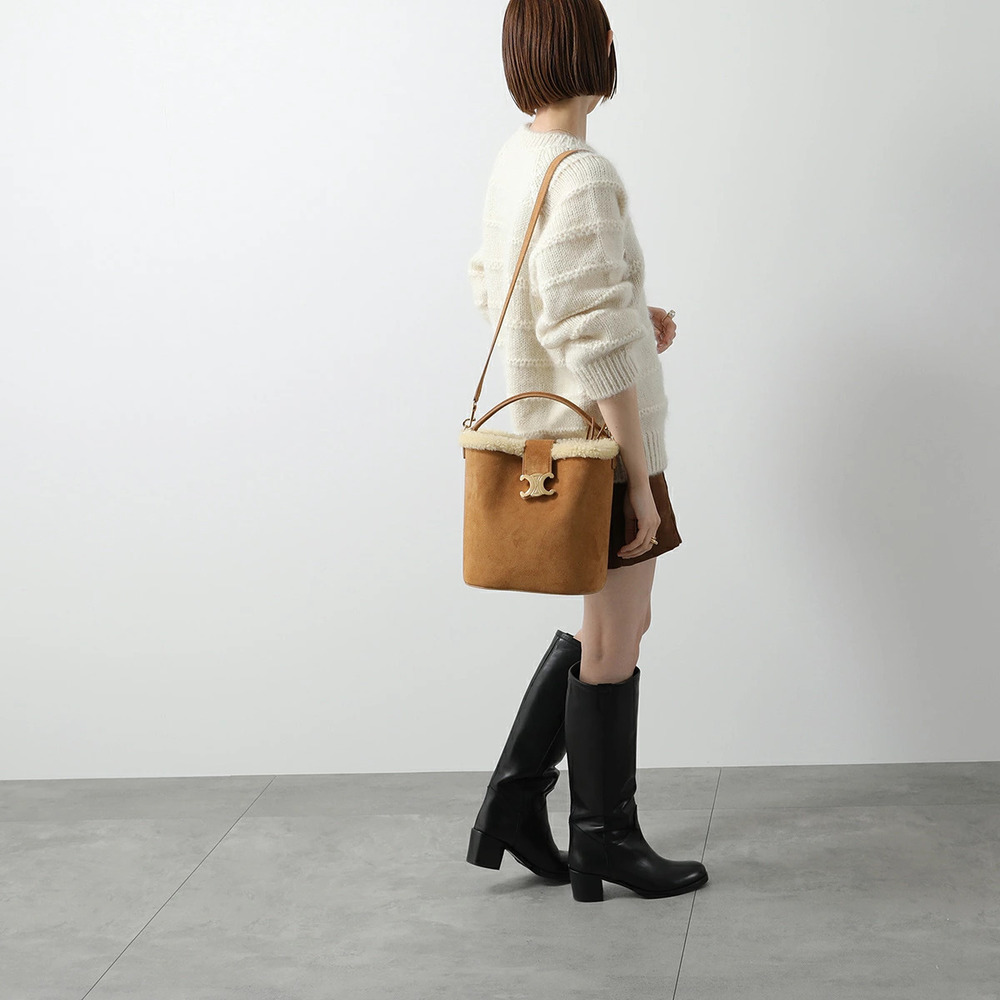 Celine Louise Shoulder Bag Triomphe Suede Shearling Lining Tobacco Cream
